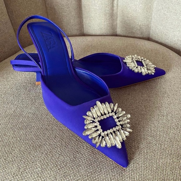 Zara sling back heels with crystal jewel detail cobalt blue blogger style manolo - Picture 3 of 7